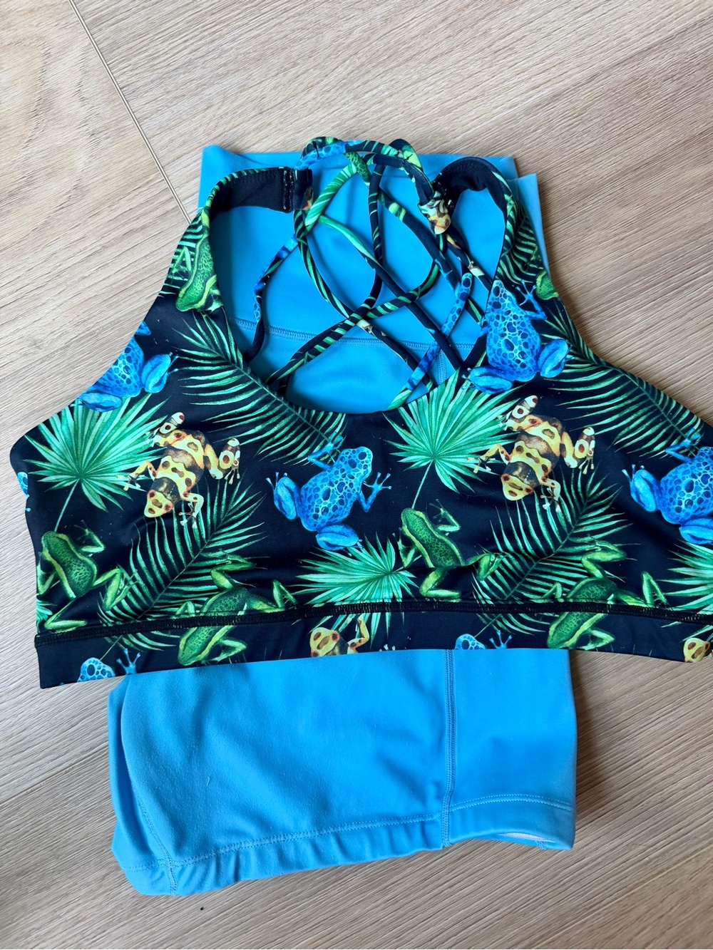 CVG Tropical Frog Print Strappy Sports Bra - Blue/Green and blue shorts